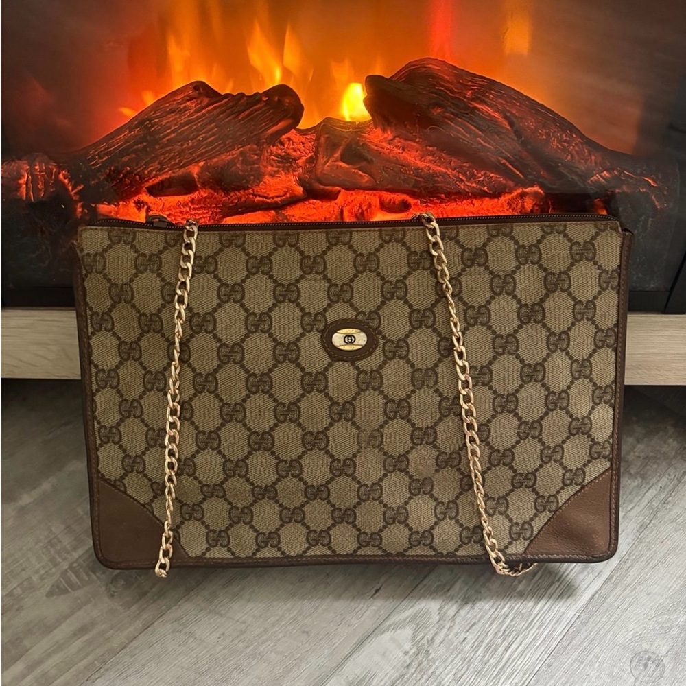 AUTH Crossbody Gucci Brown Leather Interior with Multicolor Trim Tote-Vintage
